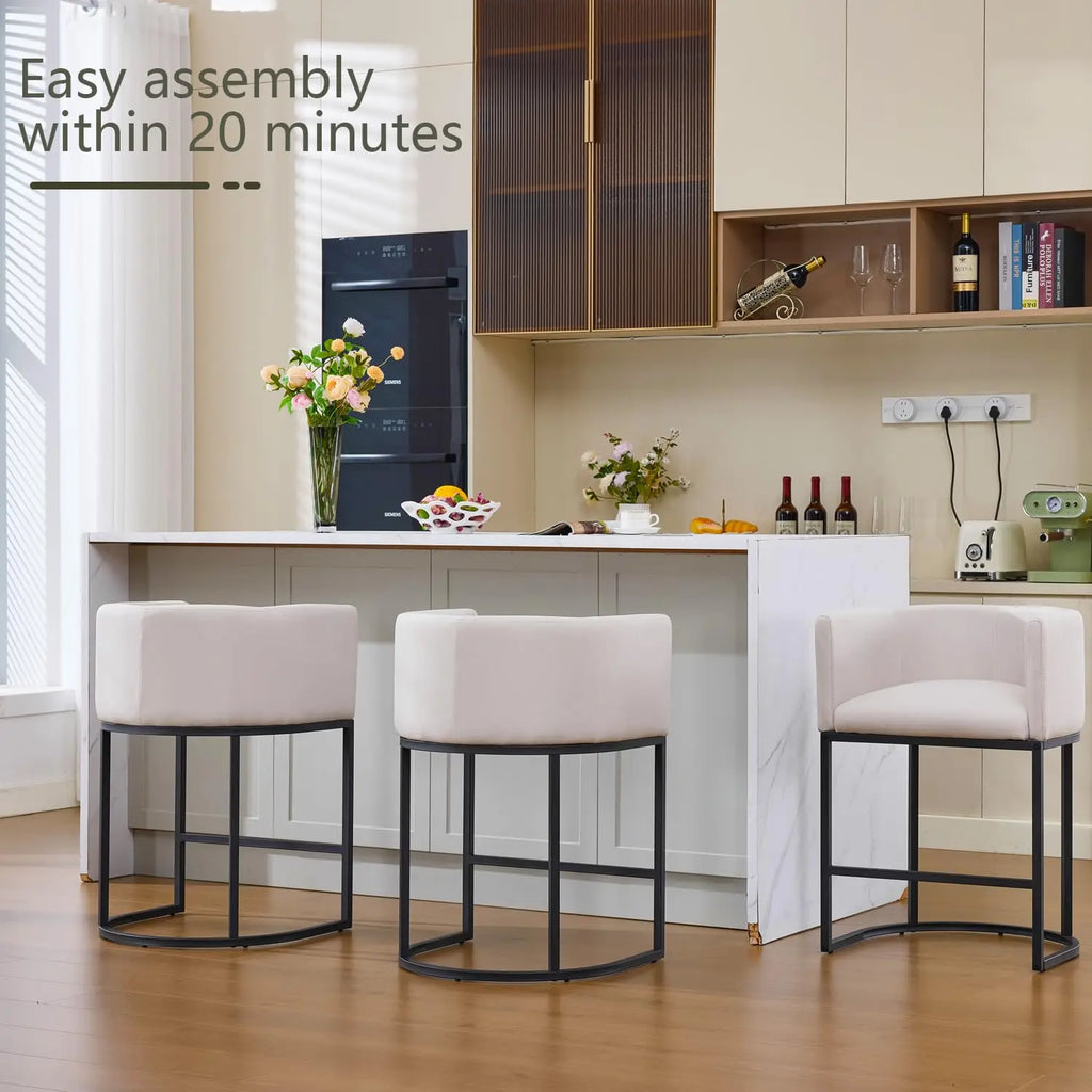 25in Counter Height Bar Stools Set of 3 with Backrest Metal Frame Linen Upholstered Kitchen Island Cafe Beige, Customized
