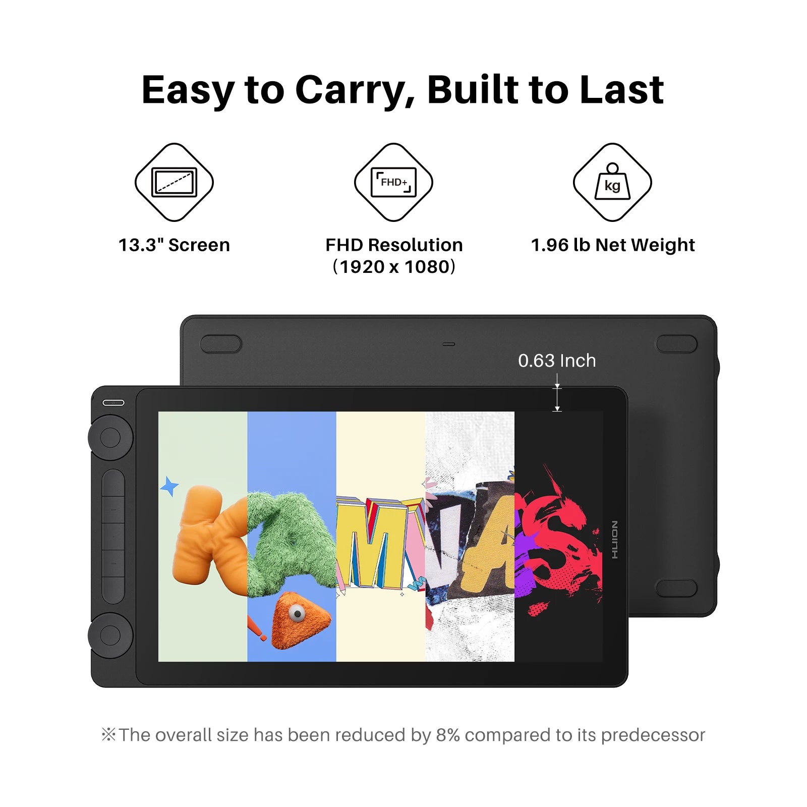 Huion Kamvas 13 (Gen 3) Portable Pen Display, 13.3" FHD Anti‑Sparkle Canvas Glass, 16384 Pressure Levels,for Digital Art & Desig