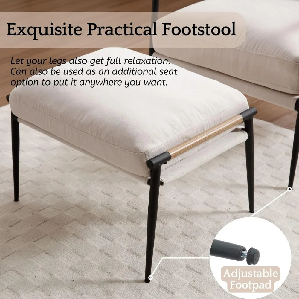 Mid-Century Chenille Accent Chair with Ottoman, Soft Living Room Chair with Metal Legs Modern Upholstered Armchair Read