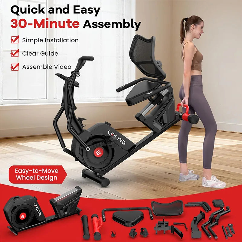 Pooboo Recumbent Exercise Bike for Home, Stationary Bike with Arm Exerciser, 16-Level Magnetic Resistance, Bluetooth App, LCD Monitor, 450LBS Capacity, Heart Rate, Heavy-Duty Frame, Low-Impact Cardio&Physical Therapy