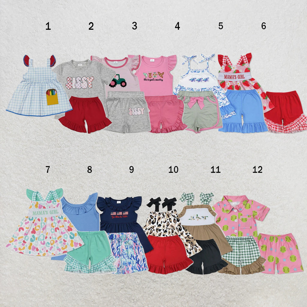 Toddler Girl 2 Piece Summer Outfits Plaid Strawberry Leopard Print Sling Top Ruffle Shorts Kids Matching Clothes