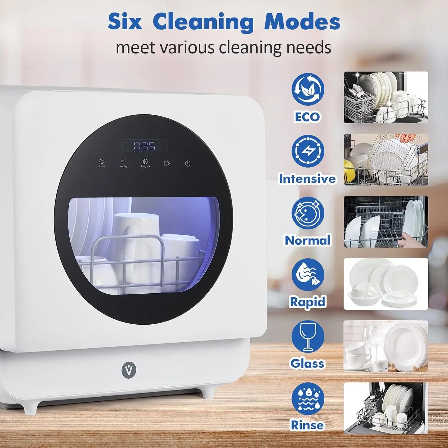 Countertop Portable Mini Dishwasher with 6 Washing Programs, 5.3L Water Tank, Hot Air-Dry/24H Delayed Start Function, LED Light