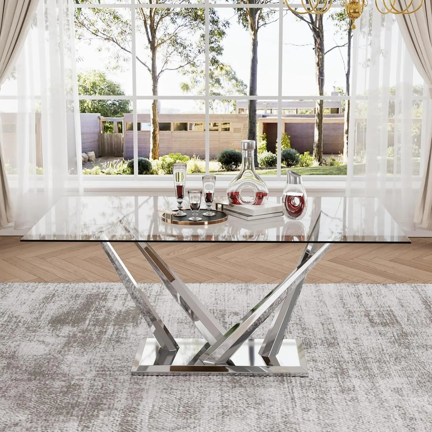 63'' Rectangular Glass Dining Table for 4-6, Luxury Kitchen Table with Tempered Glass and Aesthetic Silver, Customized