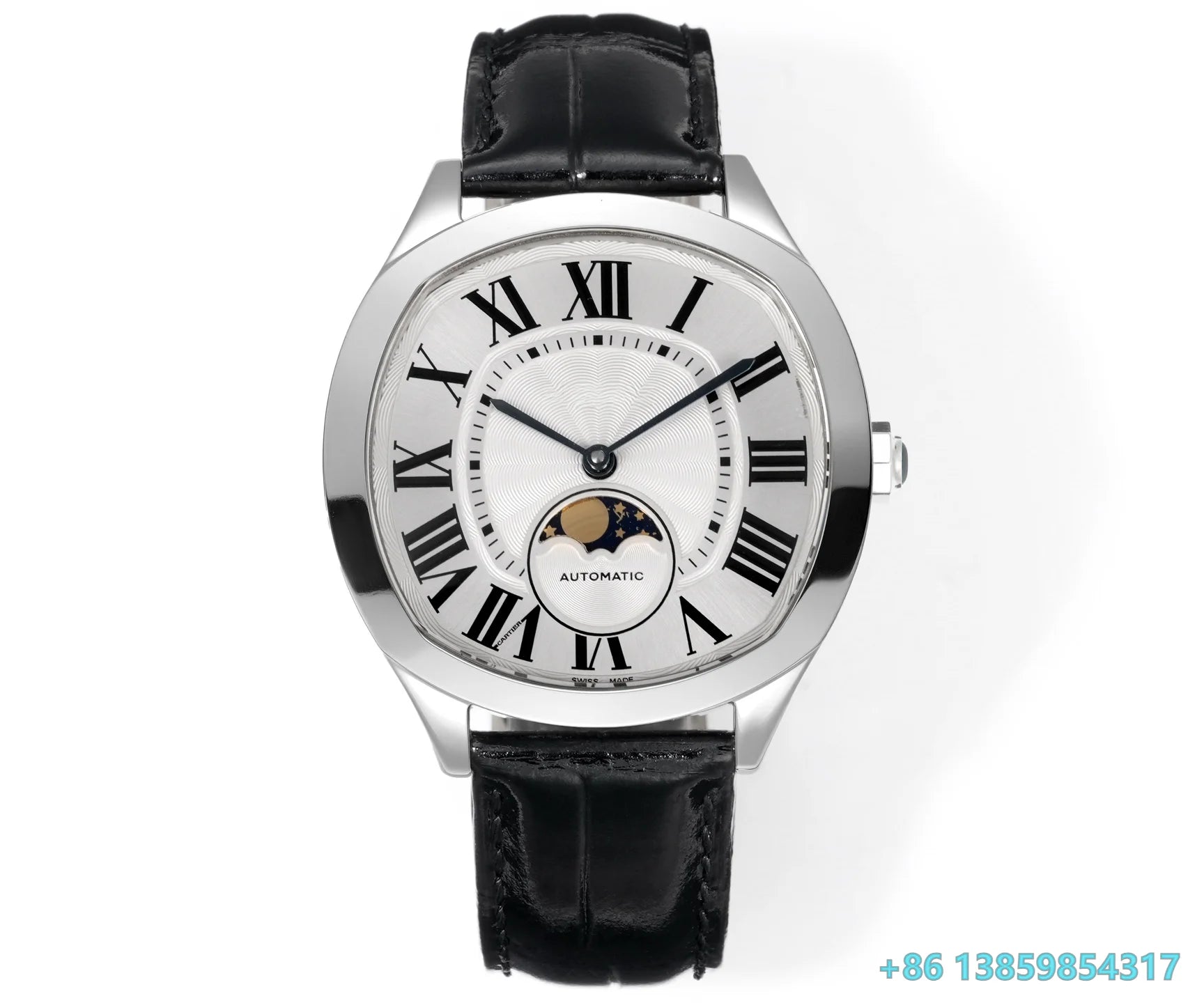 Men Automatic Self-Wind Mechanical Watch Leather Strap Stainless Steel Case Sapphire Crystal Roman Dial Moon Phase Dress Wristwatch