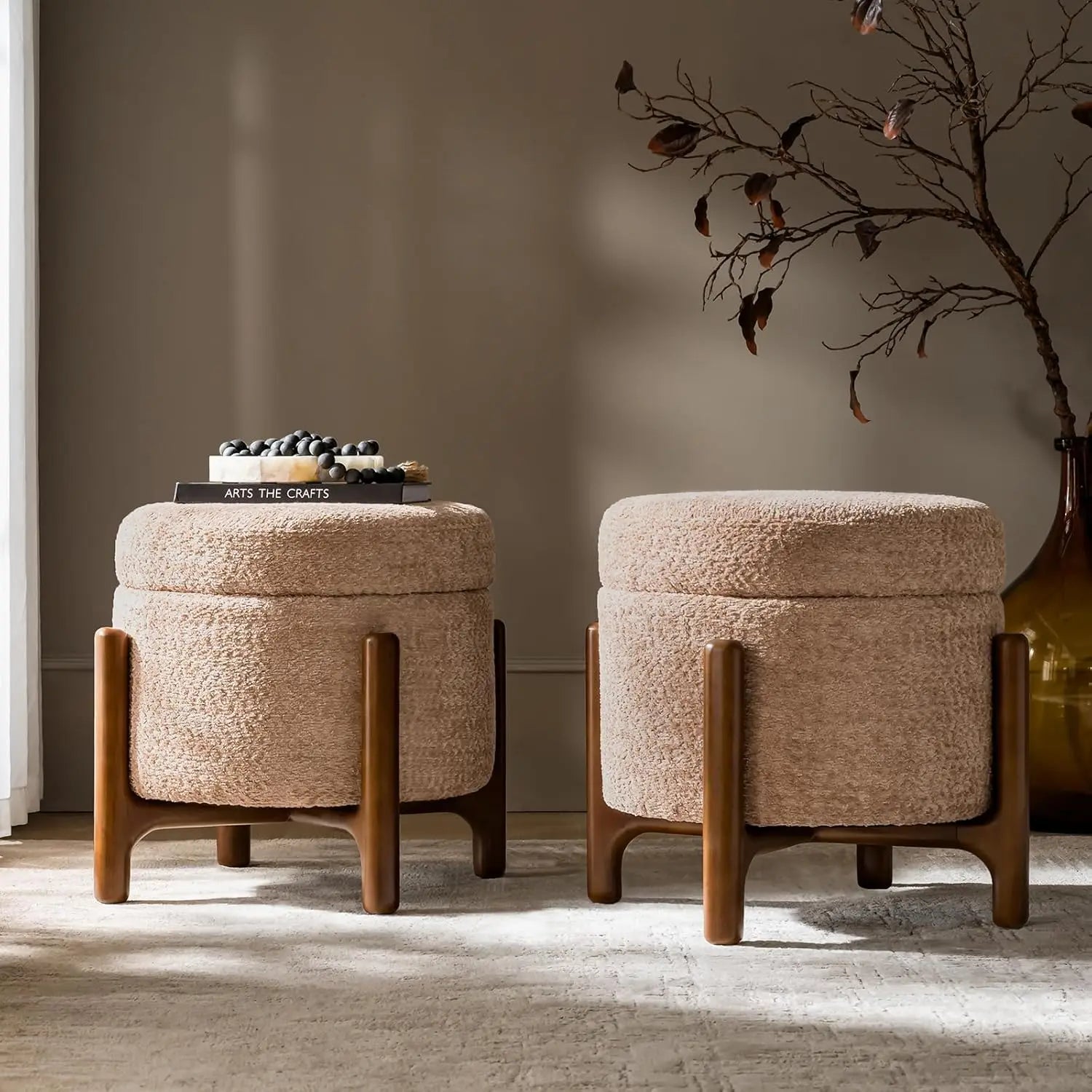 Storage Ottoman Coffee Tables Set of 2 with Solid Wood Base, Modern Round Ottomans with Storage, Chenille, Customized