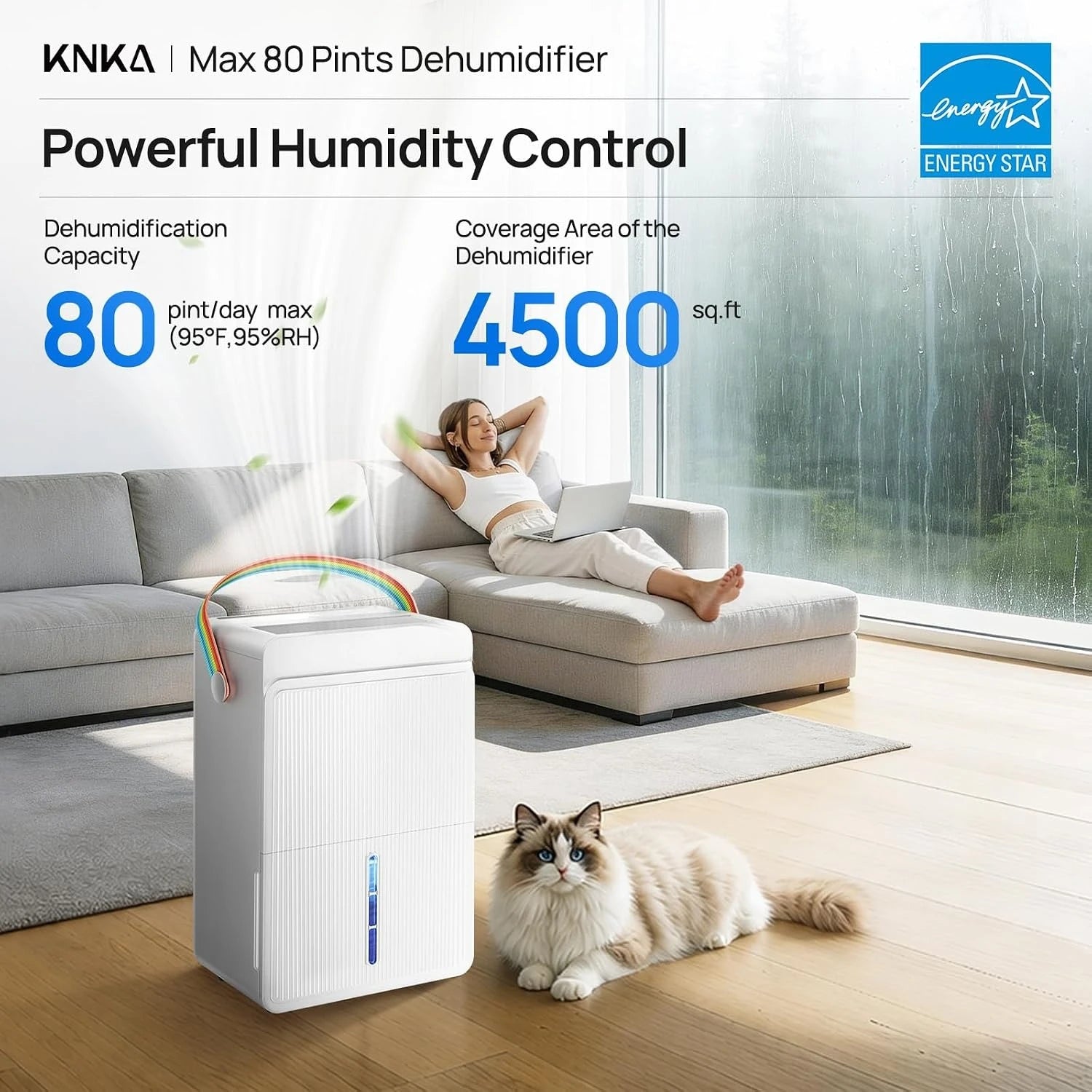 4500 Sq.Ft Dehumidifier, Max 80 Pint/Day Dehumidifier with Drain Hose,Smart Humidity Control, Dual Timer, Sleep Mode
