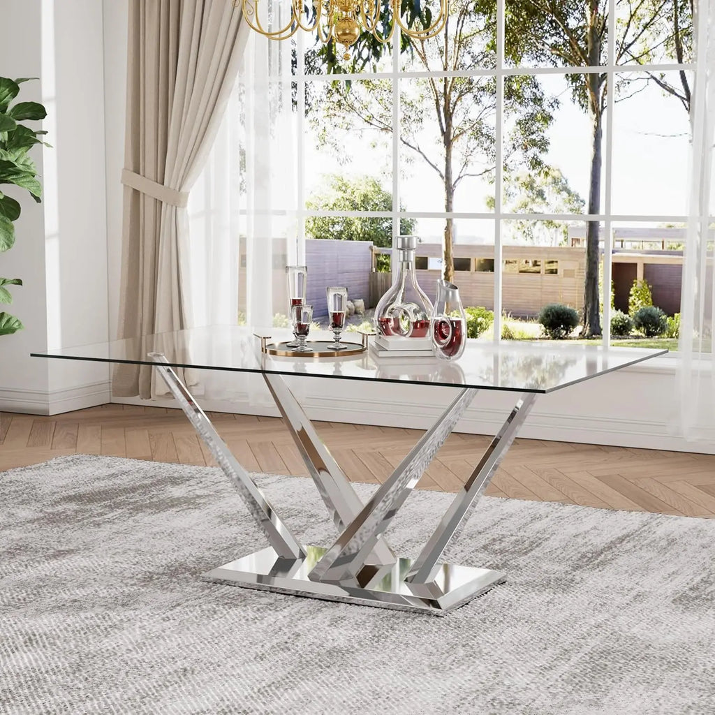 63'' Rectangular Glass Dining Table for 4-6, Luxury Kitchen Table with Tempered Glass and Aesthetic Silver, Customized