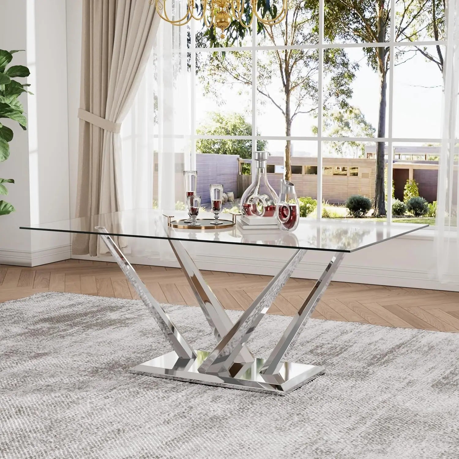 63'' Rectangular Glass Dining Table for 4-6, Luxury Kitchen Table with Tempered Glass and Aesthetic Silver, Customized