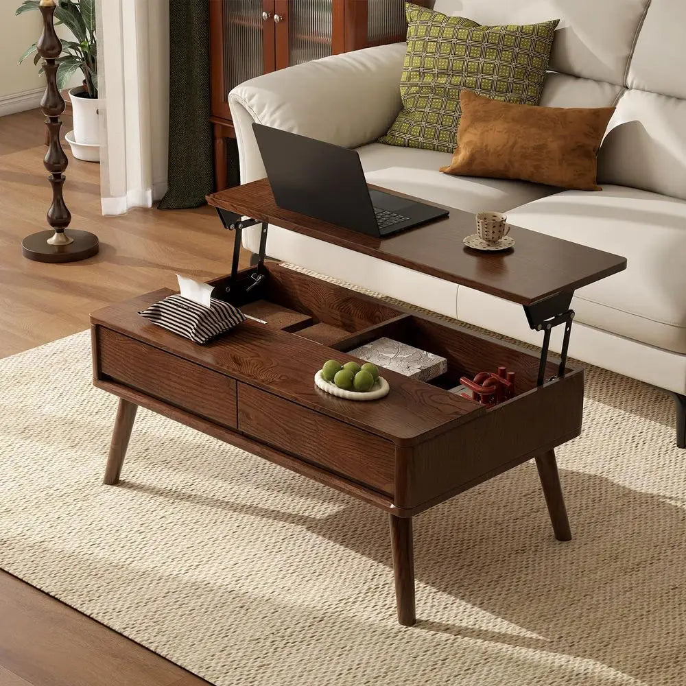 Top Coffee Table, 100 Solid Oak Wood Walnut Coffee Table with Drawers and Hidden Compartments, Rectangular Coffee Tables with S