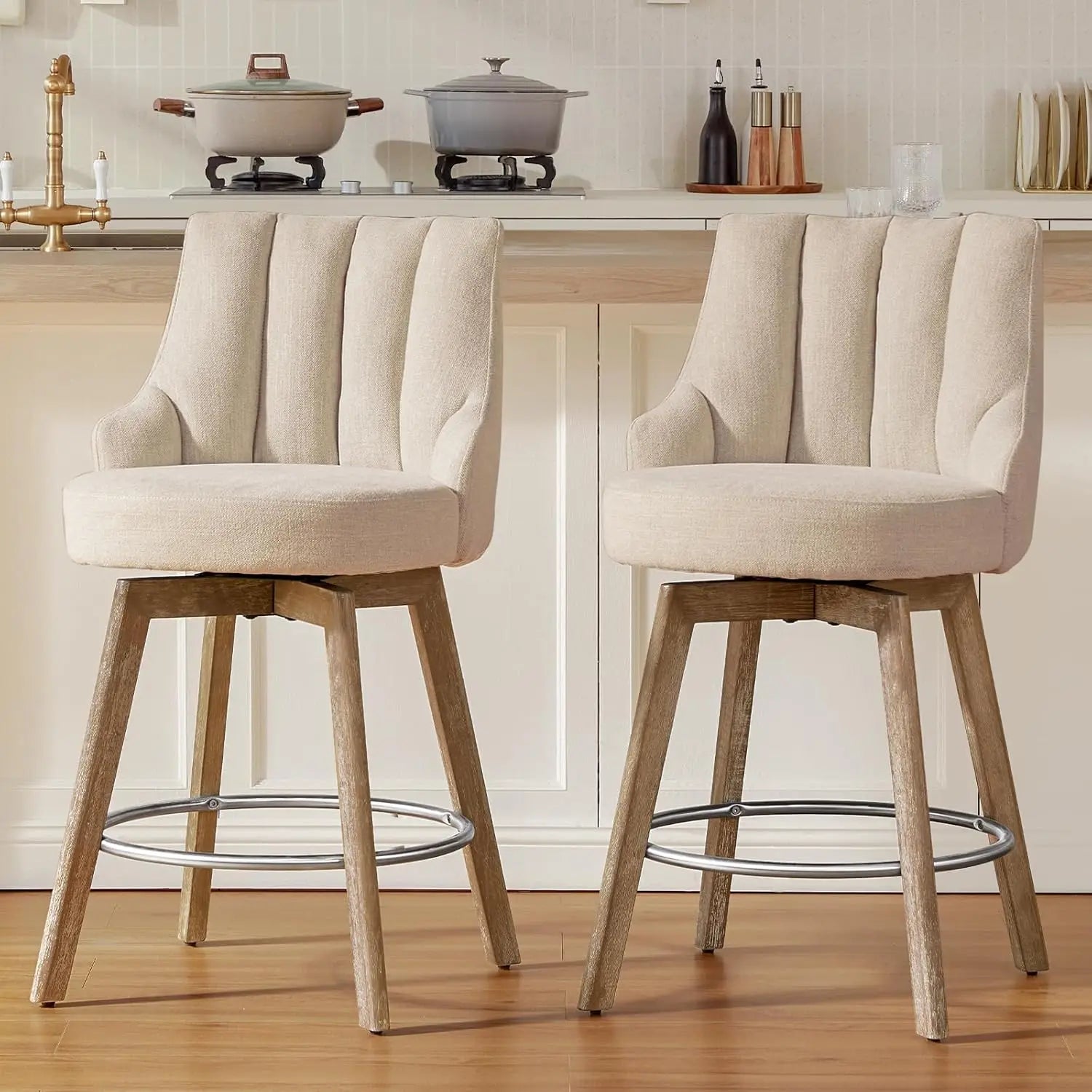 Swivel Counter Height Bar Stools,Barstools with Backs,Sand-Colored Bar Stools Set of 2,26'' Solid Wood Legs, Customized