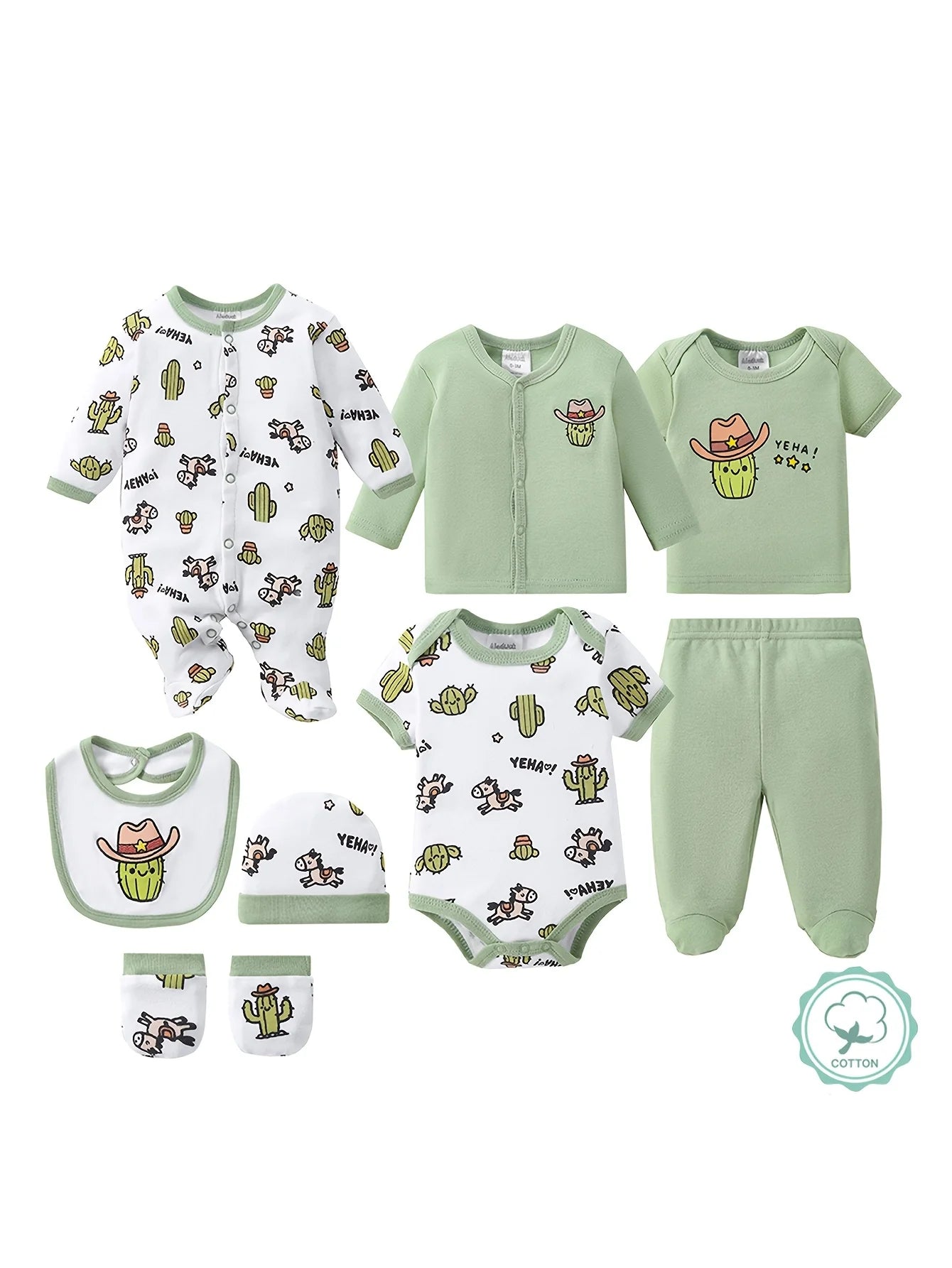 8-pc Cute Unisex Newborn Layette Sets Spring Summer, Hospital Home Outfits, Pants Hats Bibs Mittens Bodysuits Jackets Tops, for Outdoor