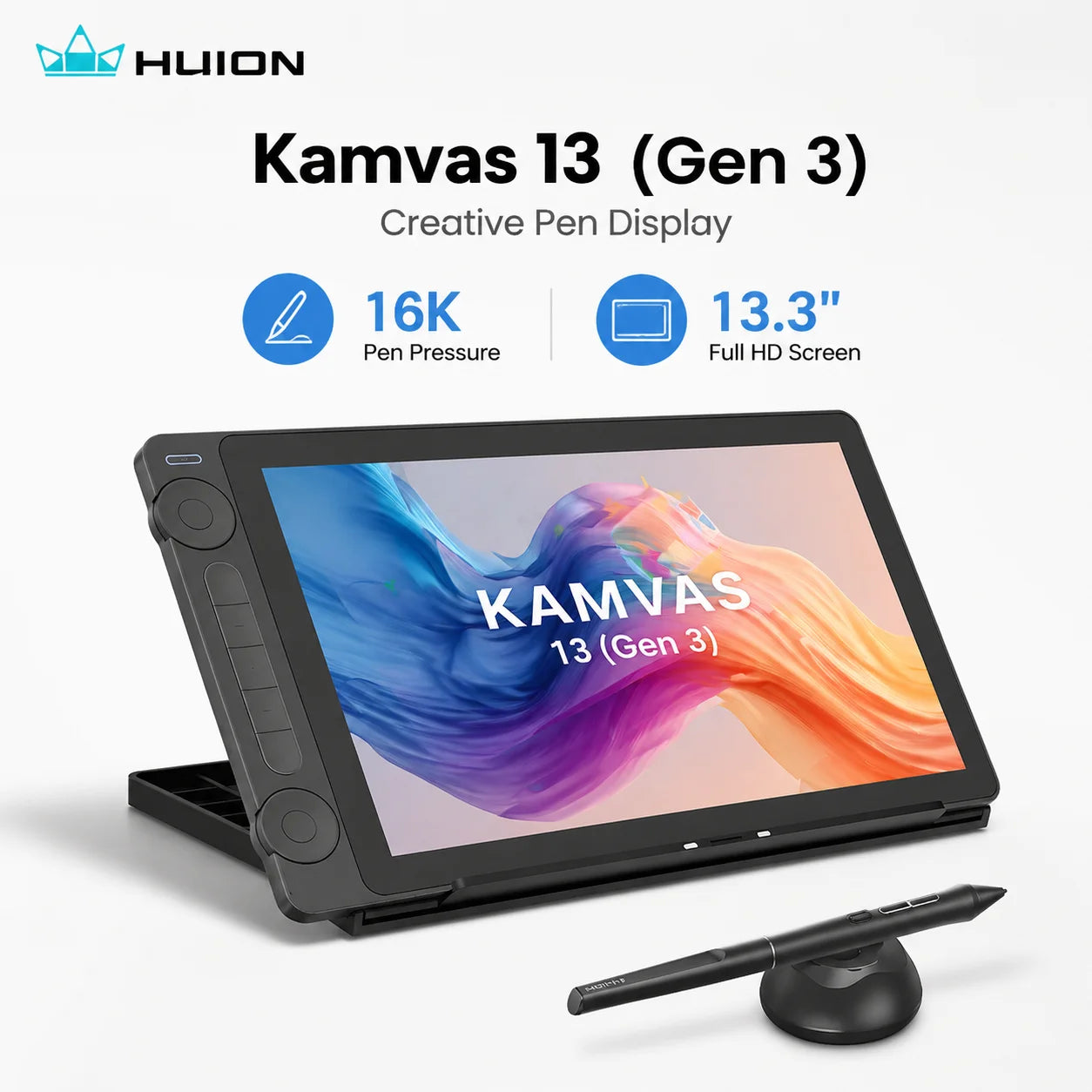 Huion Kamvas 13 (Gen 3) Portable Pen Display, 13.3" FHD Anti‑Sparkle Canvas Glass, 16384 Pressure Levels,for Digital Art & Desig