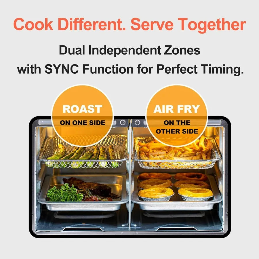 Dual-Zone Air Fryer Toaster Oven Combo 28 QT Extra Large Non Toxic Stainless Steel Convection Oven with French Door Countertop