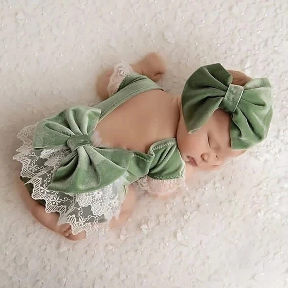 Christmas Velvet Newborn Romper Set Sage Green Baby Photo Outfit Infant Photography Prop Holiday Photoshoot Gift
