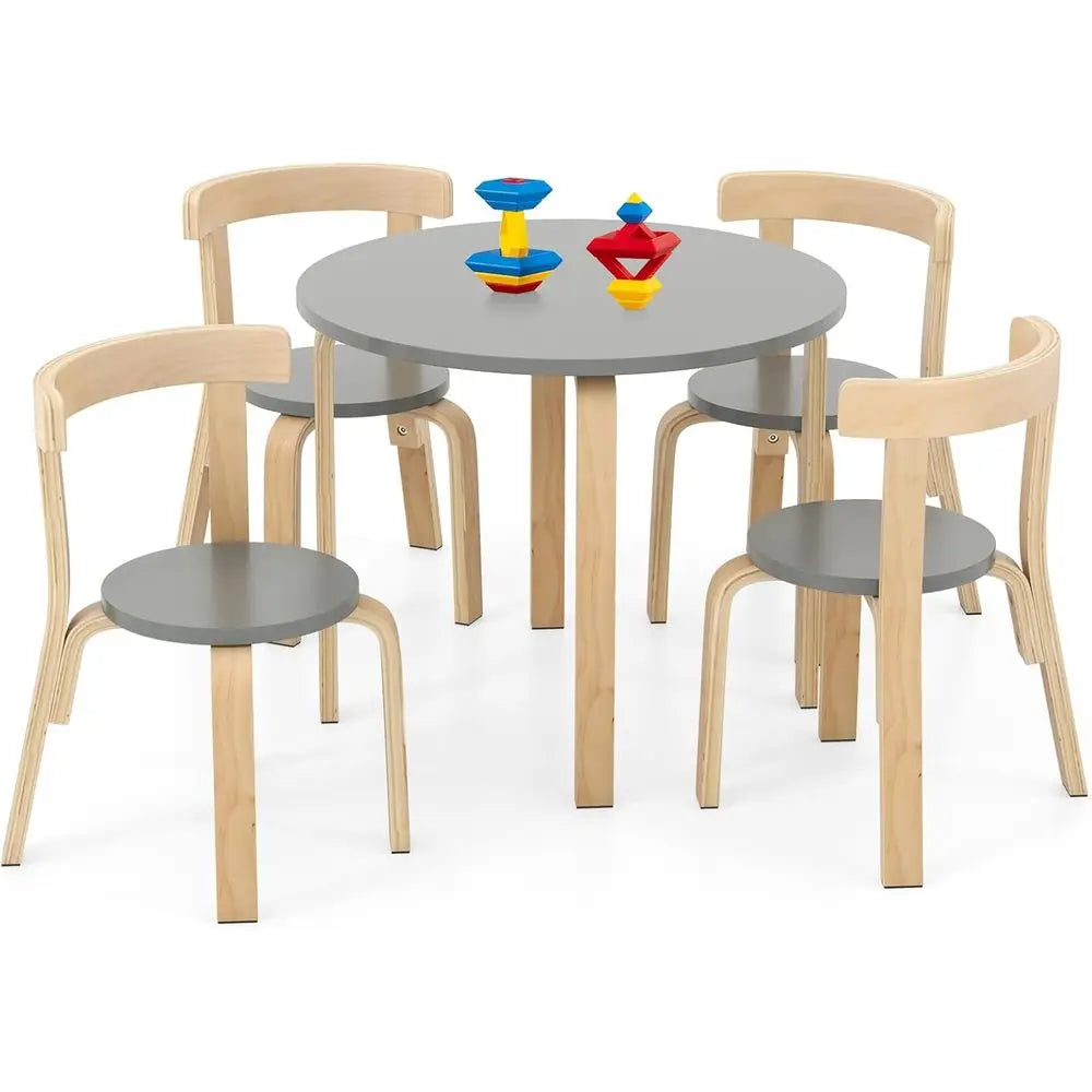 Kids Table and Chair Set, Bentwood Toddler Round Table and 4 Chairs for Craft Art, Building Block, 5-Piece Children Furniture Se