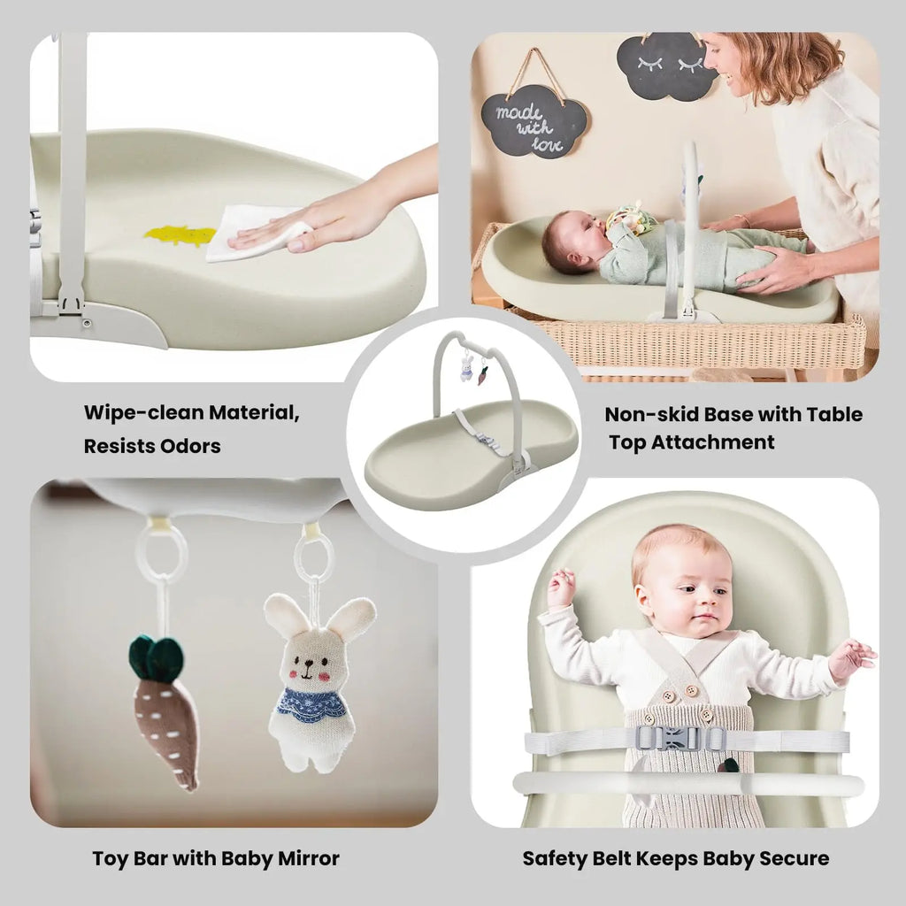 Baby Changing Mat with Safety Harness and Cat Ear Toys Shelf, Anti Roll Wedge Baby Changing Pad, Easy Wipe Clean Waterproof