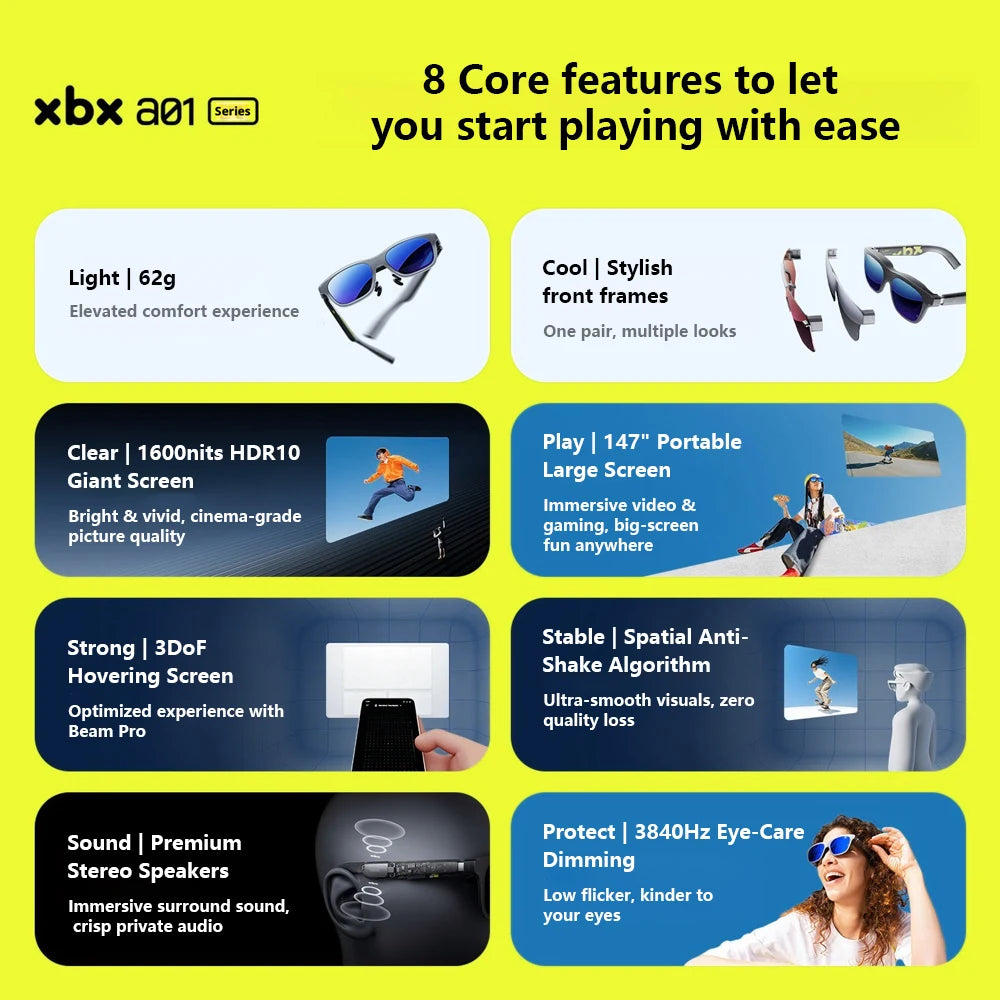XREAL XBX A01 Smart AR Glasses 147 inch Giant Screen Ultra-lightweight 62g, FOV50, Supports HDR10, 1600 Nits Brightness Micro-OL