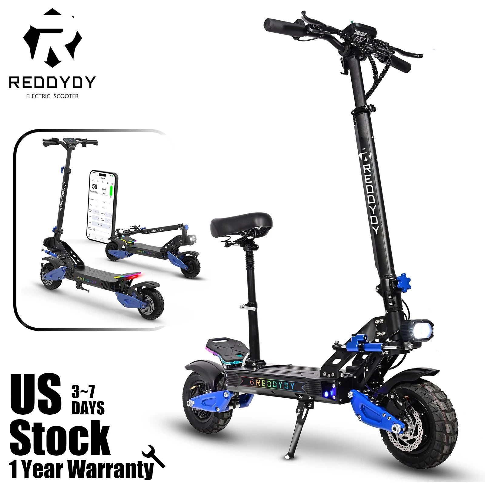 REDDYDY Offroad Electric Scooter with Smart APP 50MPH Max Speed 55Miles Long Range 5000W Peak Dual Motors 60V25Ah Battery Smart Riding 3 Modes NFC Unlocking Dual Hydraulic Disc Brakes Full Suspension 10.5" Tires for Commuting