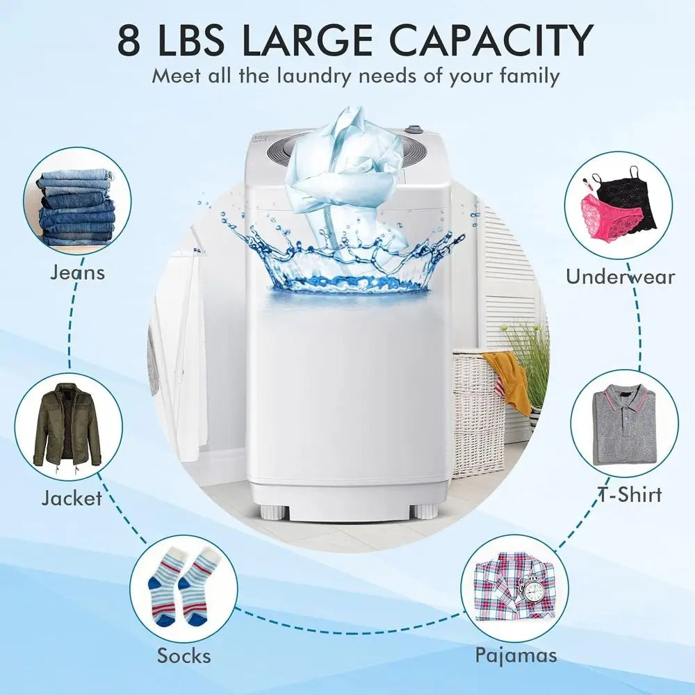 Compact 8-Pound Capacity Full-Auto Washer with 6 Cycles, LED Display, 3 Water Levels, Ideal for Home, Apartment, Dorm, and RVs