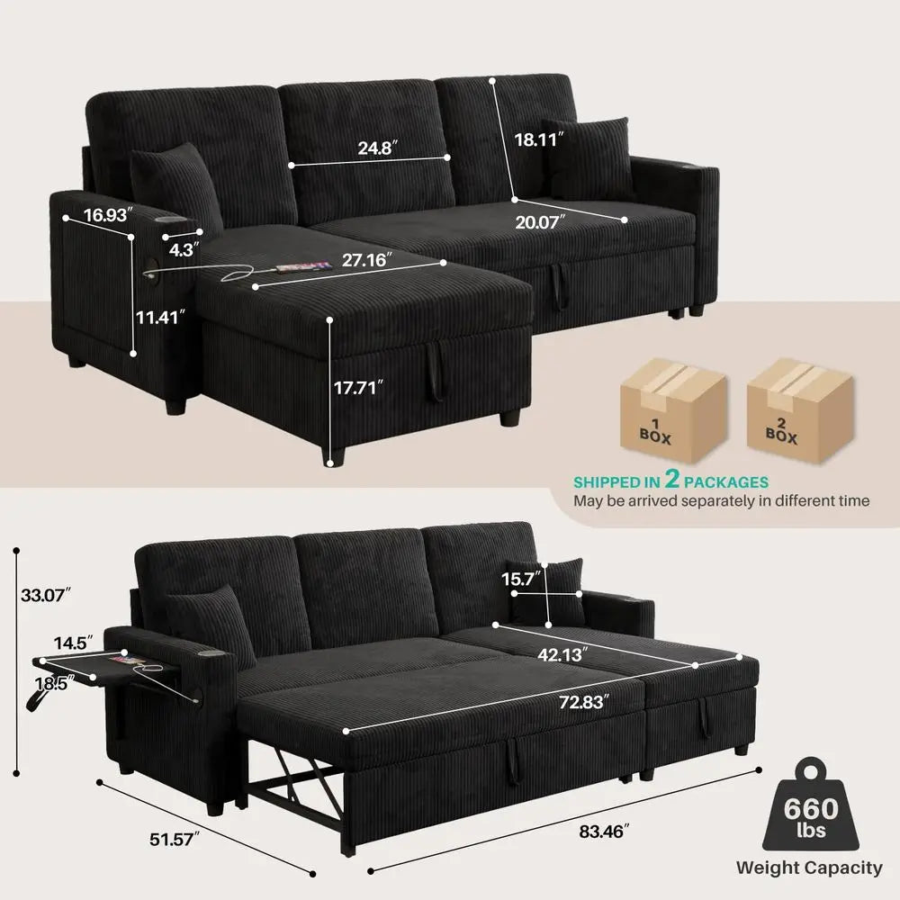 Sectional Sofa, 83 Convertible Sofa Bed with Pull Out Couches, Small Desktop, L Shaped Couch with Reversible Chaise, Cup Holder