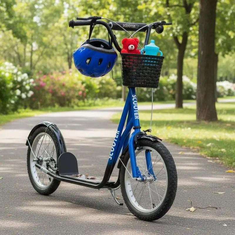 Children's scooter with brake, including basket, height adjustable, for children 5-12 years old, blue+black