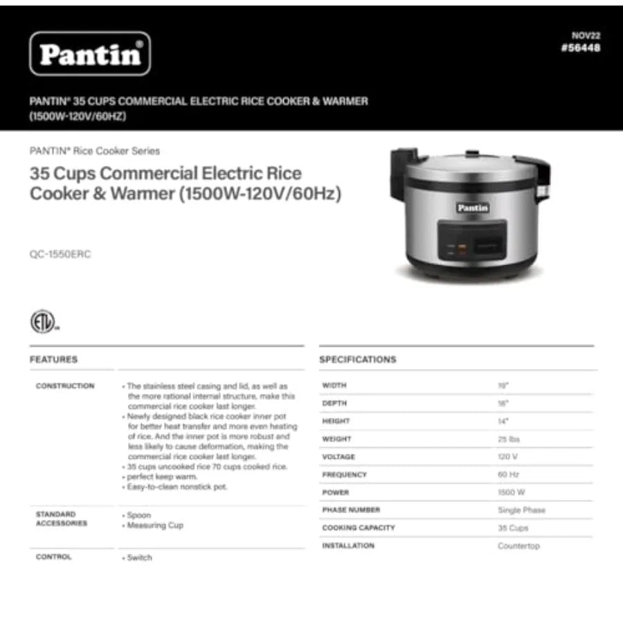 Commercial Rice Cooker Warmer 35 Cups Uncooked 70 Cups Cooked Extra Large Capacity Nonstick Inner Pot Switch Press 120V 1500W E