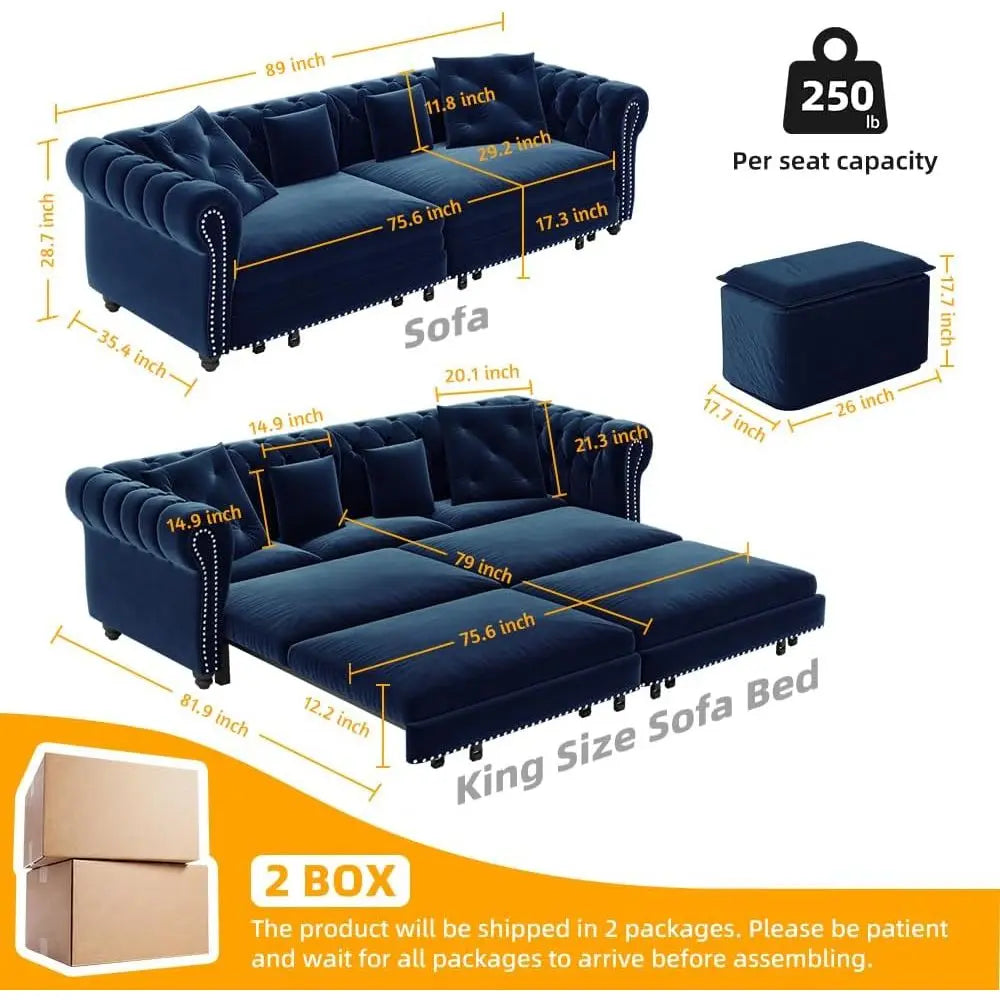 King Size 3-in-1 Convertible Sleeper Sofa with Ottoman, Button-Tufted Chesterfield Style, Ideal for Small Spaces, Blue