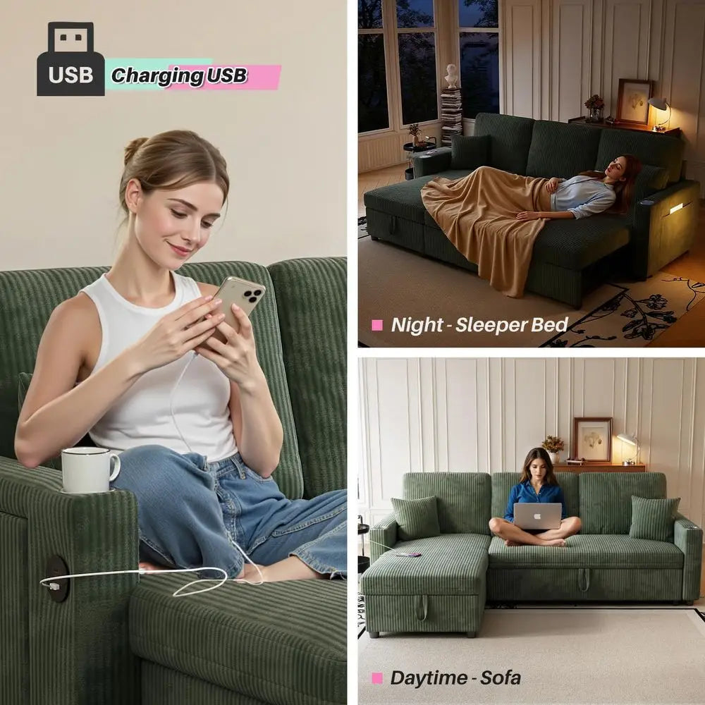 Sectional Sofa, 83 Convertible Sofa Bed with Pull Out Couches, Small Desktop, L Shaped Couch with Reversible Chaise, Cup Holder
