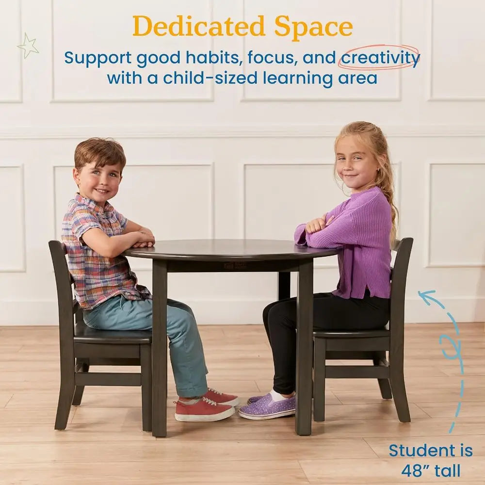 30in D Round Hardwood Table and Chair Set, 12in Seat Height, Kids urniture, Grey Wash, 3-Piece