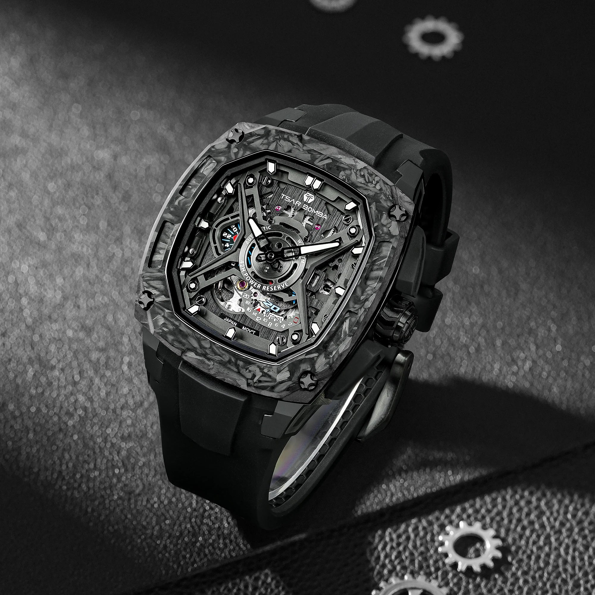 TSAR BOMBA Men's Luxury Mechanical Watch, Carbon Fiber Case, Luminous, 5ATM Waterproof, Viton Strap, Ideal Gift for Men