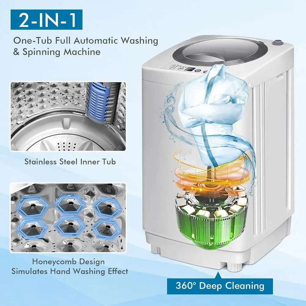 Compact 8-Pound Capacity Full-Auto Washer with 6 Cycles, LED Display, 3 Water Levels, Ideal for Home, Apartment, Dorm, and RVs