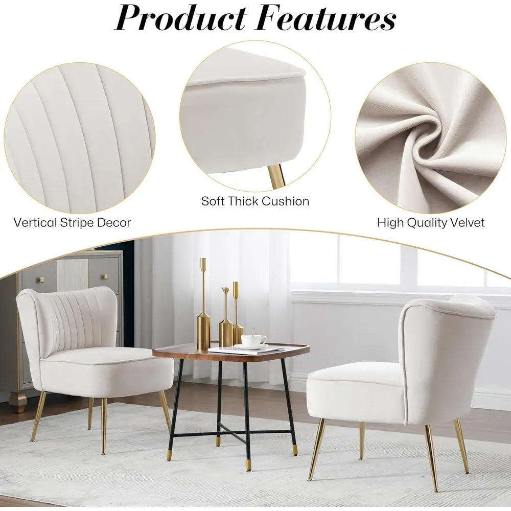 Upholstered Wingback Accent Chair Set of 4, Comfortable Side Chairs with Gold Legs and Padded Seats, Beige for Small Living Room