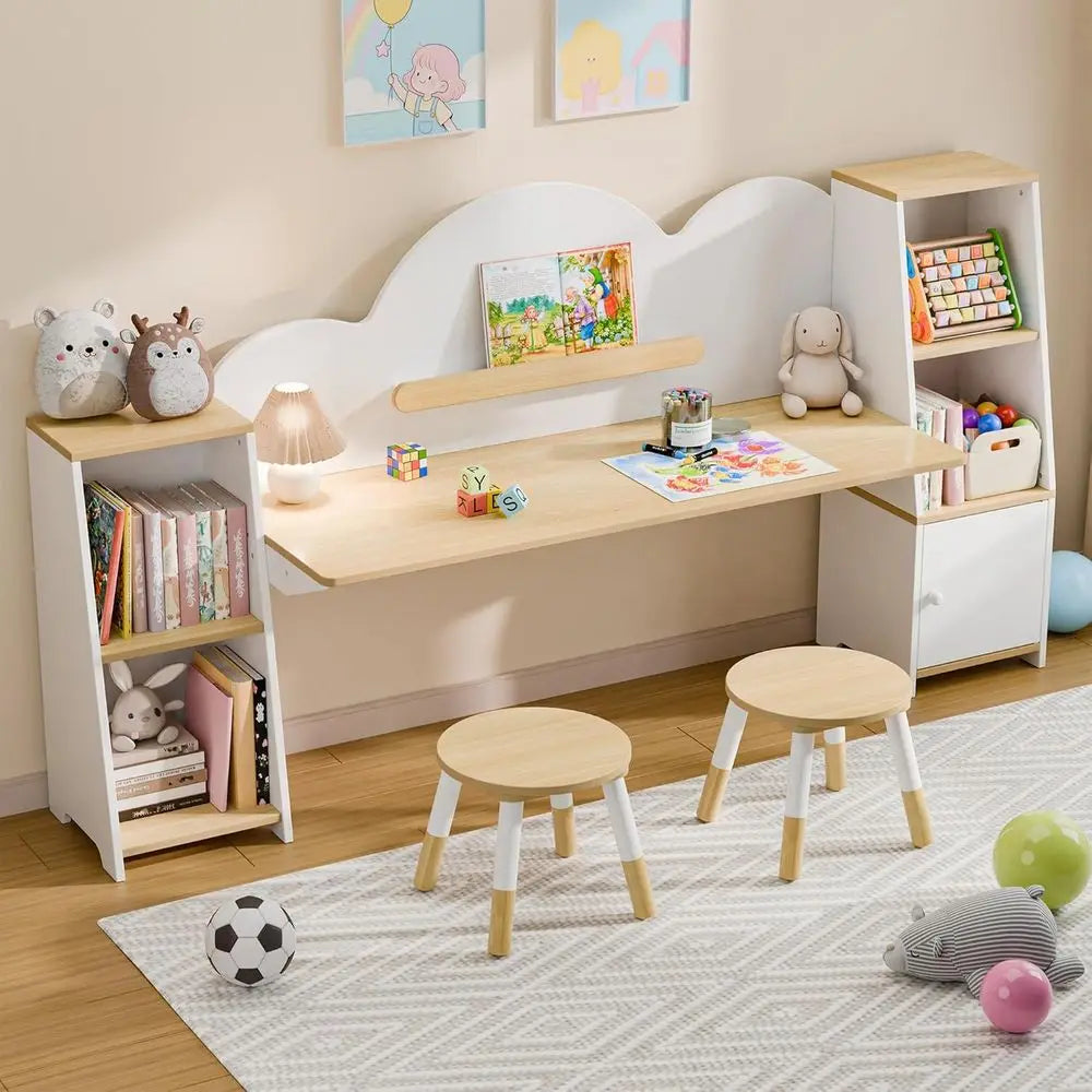 Kids Desk with Storage and 2 Stools, Wooden Children Study Desk and Chair Set with 5 Bookshelves & Cabi, Montori Cloud-Style Art