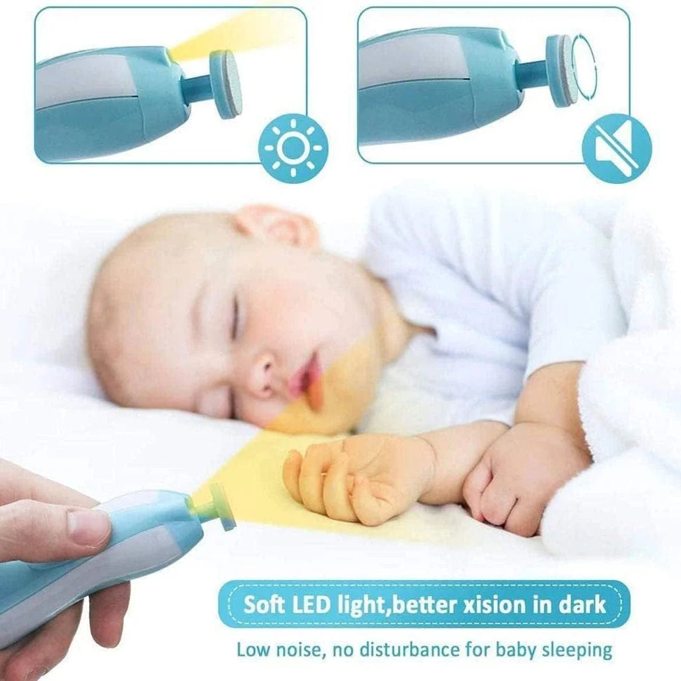 Baby Nail Trimmer Electric Kit Fingernails Toes Care Manicure 6-in-1 Set with LED Light for Newborn Kids and Adult Available in Pink and Blue.