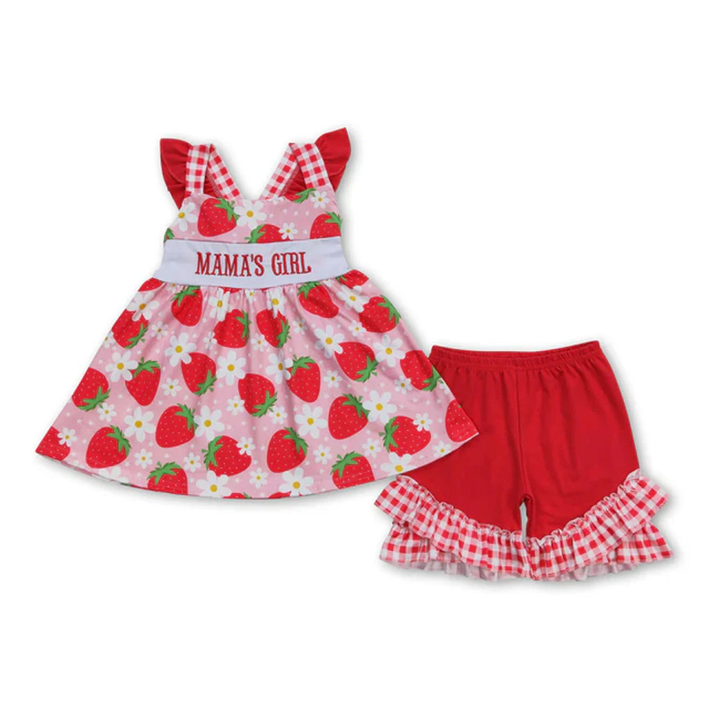 Toddler Girl 2 Piece Summer Outfits Plaid Strawberry Leopard Print Sling Top Ruffle Shorts Kids Matching Clothes