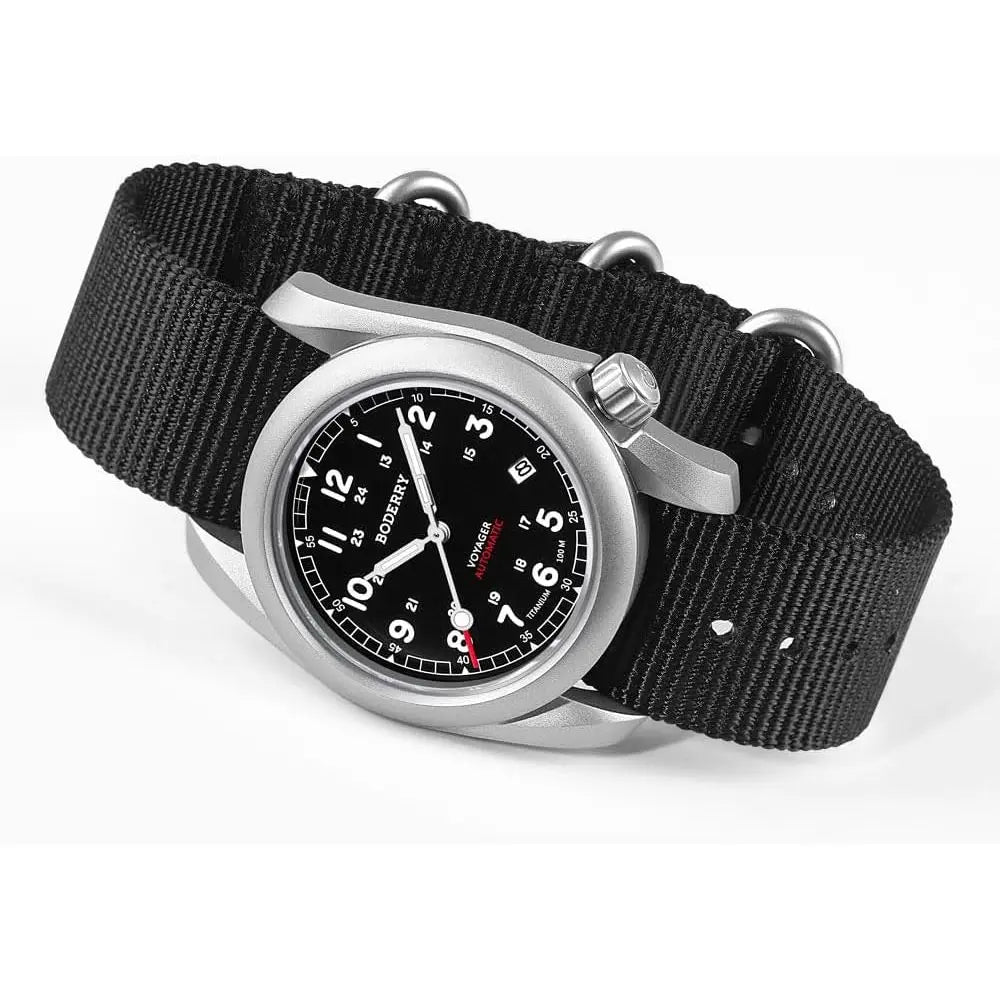 BODERRY Men's Watch Titanium Automatic ield Watch 40mm Military Watch Day Date unction 100M Waterproo with Nylon Strap Japanese