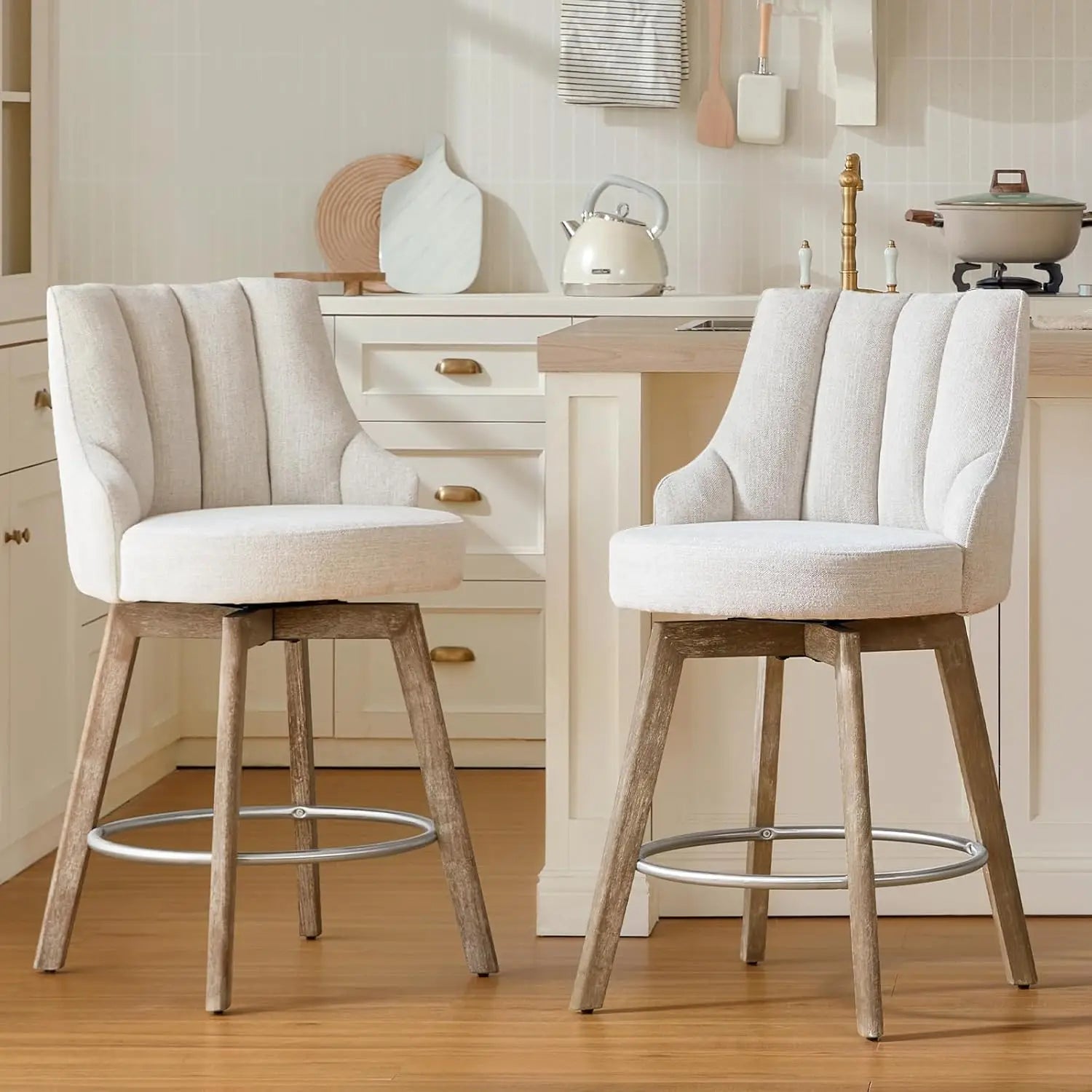 Swivel Counter Height Bar Stools,Barstools with Backs,Sand-Colored Bar Stools Set of 2,26'' Solid Wood Legs, Customized