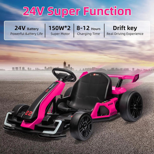 24V Kids Electric Drift Kart, 300W Powerful Motor 8.5MPH,EVA Tires,Drift/Sport Modes,LED Lights, Outdoor Racing Ride-On Toy