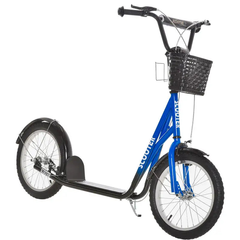 Children's scooter with brake, including basket, height adjustable, for children 5-12 years old, blue+black