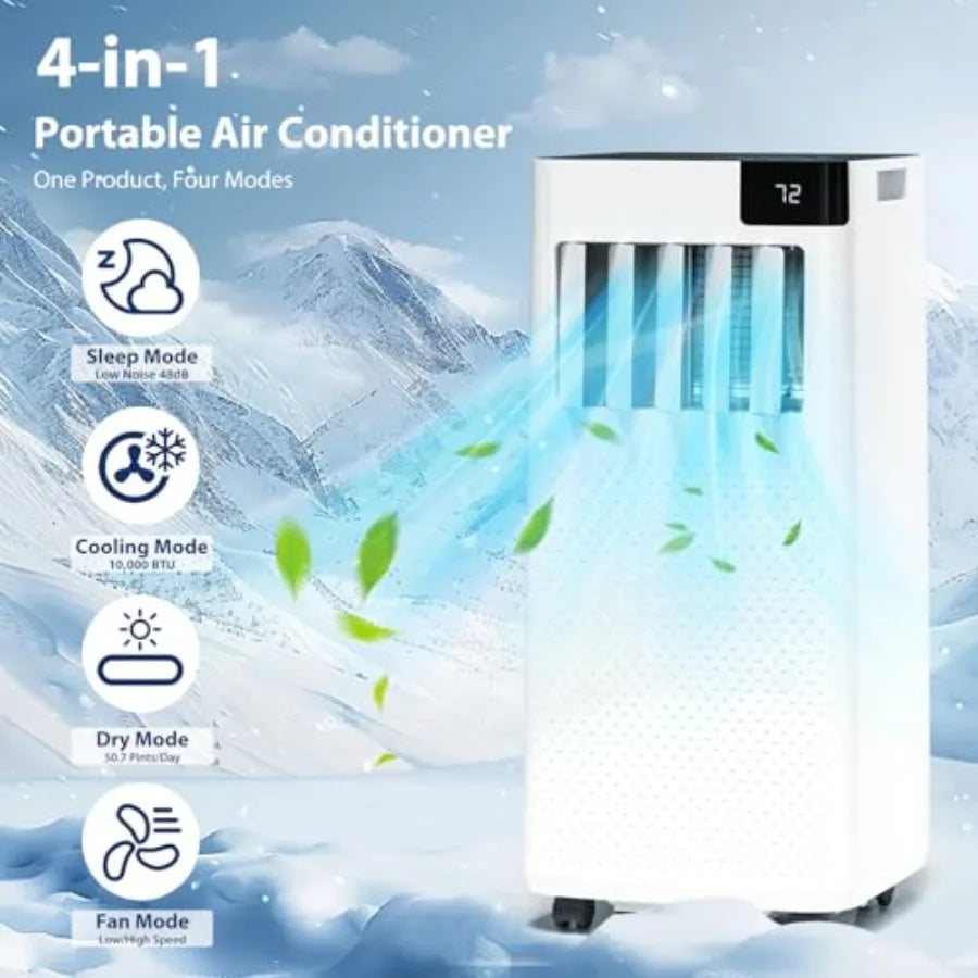 Portable Air Conditioner 10000 BTU for bedroom apartment use, white ABS plastic housing, quiet cooling with 5-in-1 modes cool/d