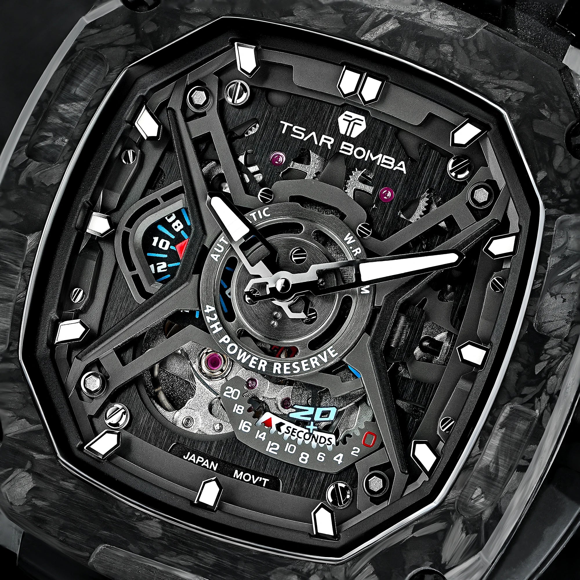 TSAR BOMBA Men's Luxury Mechanical Watch, Carbon Fiber Case, Luminous, 5ATM Waterproof, Viton Strap, Ideal Gift for Men