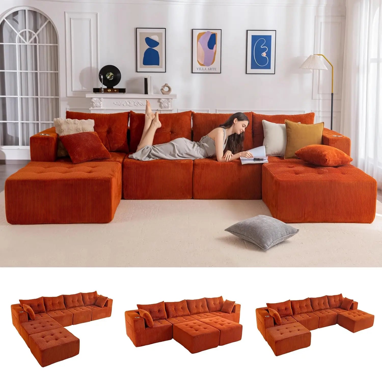 129.5" U Shaped Modular Sectional Sofa with 2 Ottomans Tufted Cloud 6 Seat Sleeper for Living Room Orange Customized