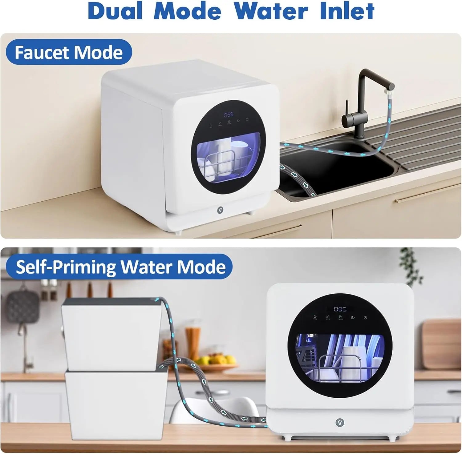 Countertop Portable Mini Dishwasher with 6 Washing Programs, 5.3L Water Tank, Hot Air-Dry/24H Delayed Start Function, LED Light