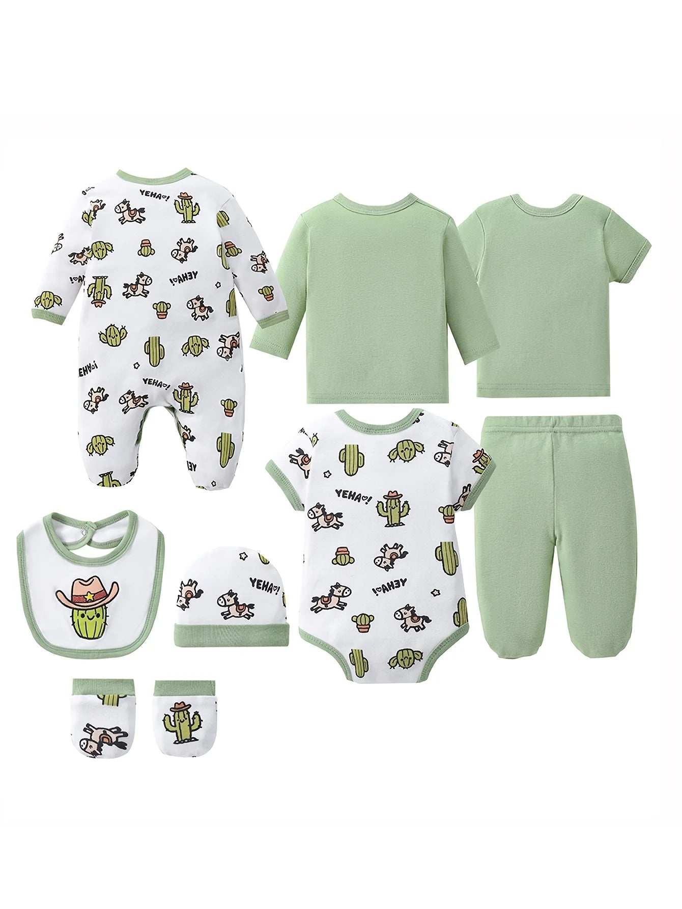 8-pc Cute Unisex Newborn Layette Sets Spring Summer, Hospital Home Outfits, Pants Hats Bibs Mittens Bodysuits Jackets Tops, for Outdoor