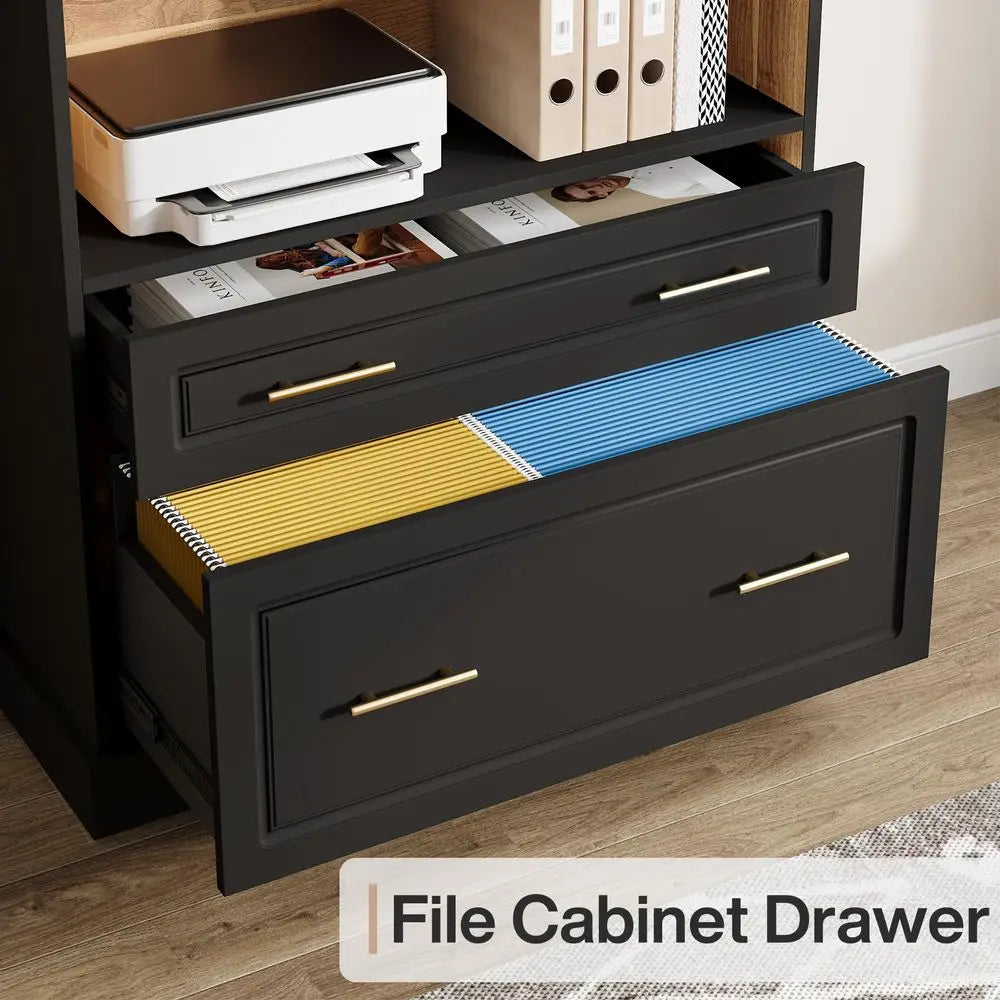 5Shelf Bookcase with File Cabinet Drawer, 72 Tall Bookshelf, Modern FreeStanding Wood Bookcase, Large Open Display Storage Book