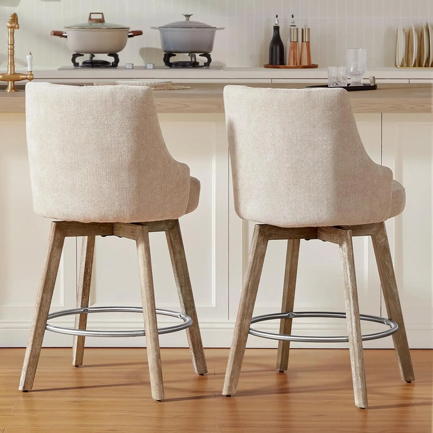 Swivel Counter Height Bar Stools,Barstools with Backs,Sand-Colored Bar Stools Set of 2,26'' Solid Wood Legs, Customized