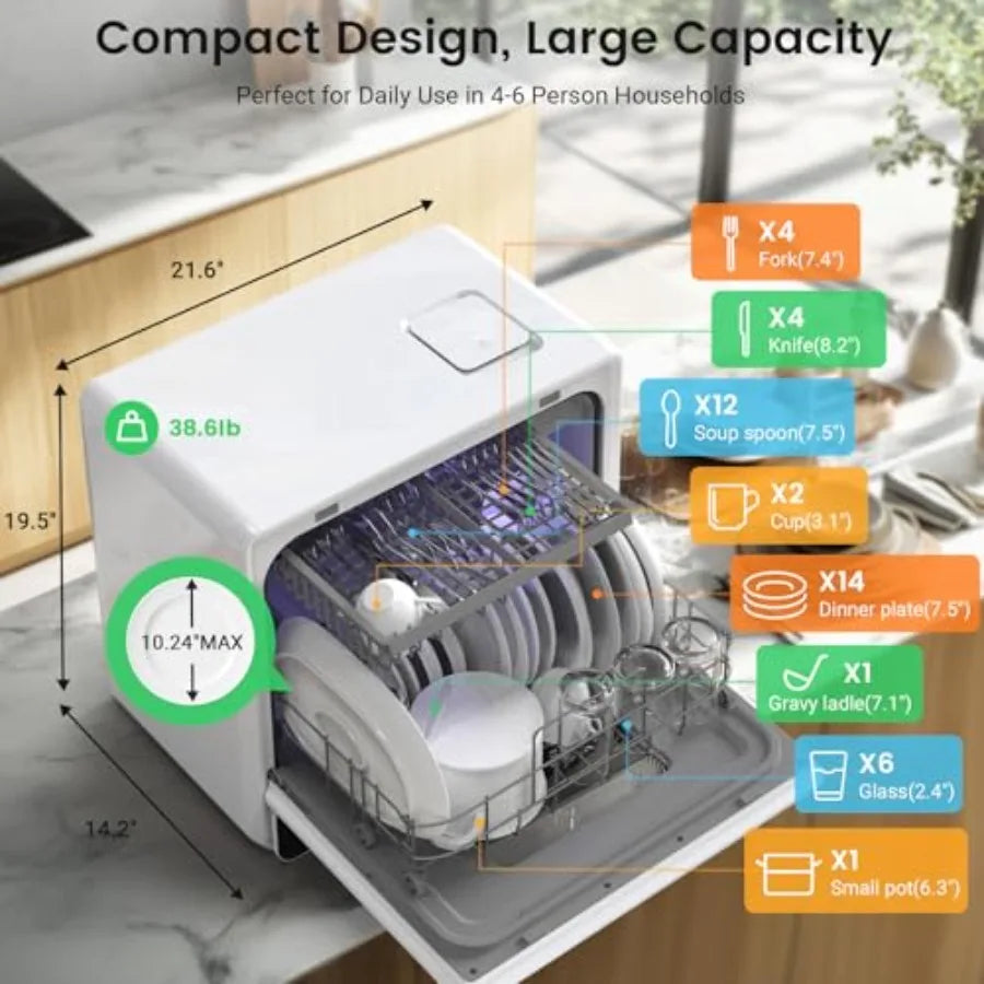 Countertop Portable Dishwasher for Apartments RVs, Stainless Steel, Silver, 9 Programs with 167 High-Temp Wash and 360 3-Spray