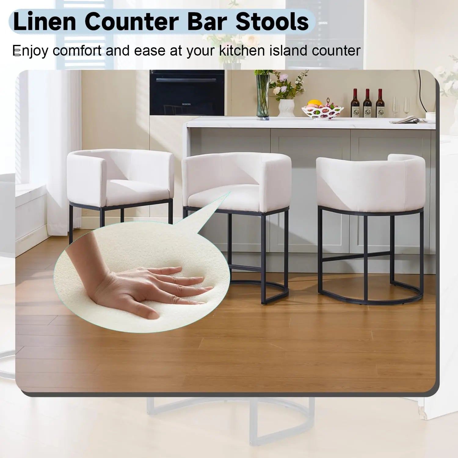 25in Counter Height Bar Stools Set of 3 with Backrest Metal Frame Linen Upholstered Kitchen Island Cafe Beige, Customized