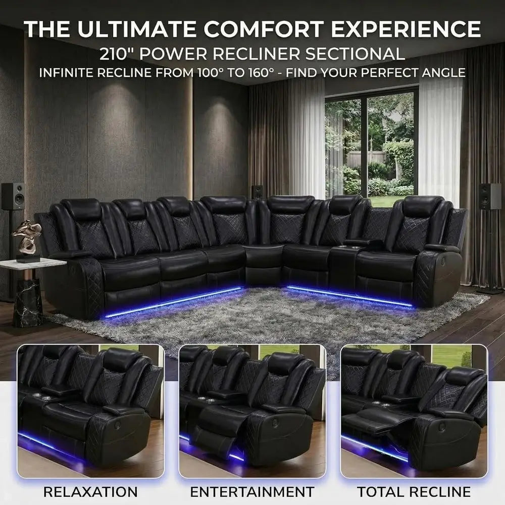 6-Seater Black Curved Leather Sectional Sofa Set with LED Lights, Cup Holders & Storage for Home Theater