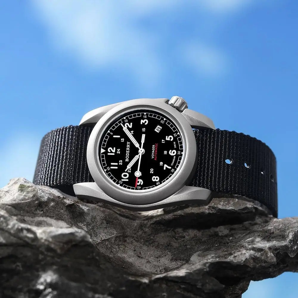BODERRY Men's Watch Titanium Automatic ield Watch 40mm Military Watch Day Date unction 100M Waterproo with Nylon Strap Japanese